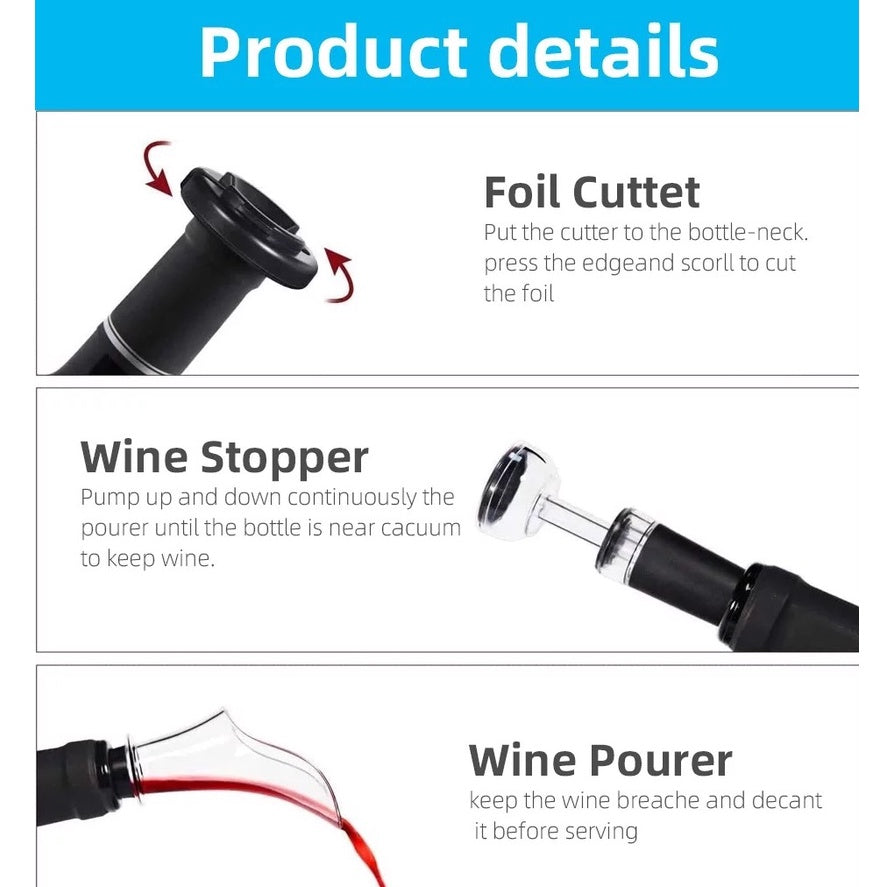 (Ready Stock)Red Wine Opener Corkscrew Electric Illuminated , Foil Cutter , Wine Pourer, Vacuum Stopper Box Gift Set