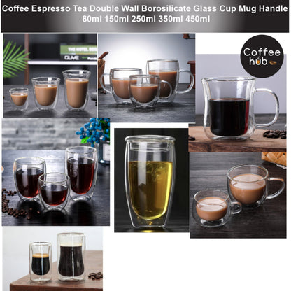 (Ready Stock)Coffee Espresso Tea Double Wall Borosilicate Glass Cup Mug Handle 80ml 150ml 250ml 350ml 450ml