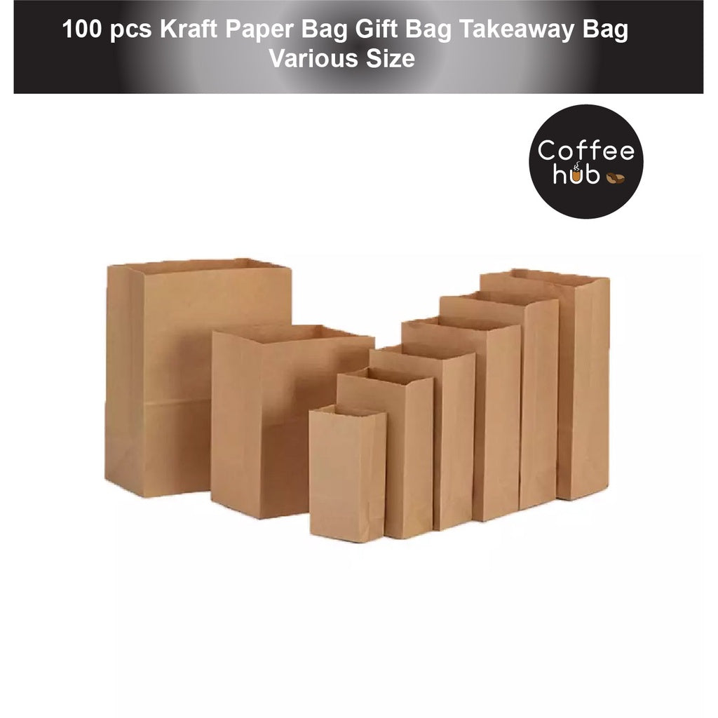 （READY STOCK)Brown Kraft Paper Takeaway Bags Gift Packaging Biscuit Bread Restaurant Cafe 100pcs