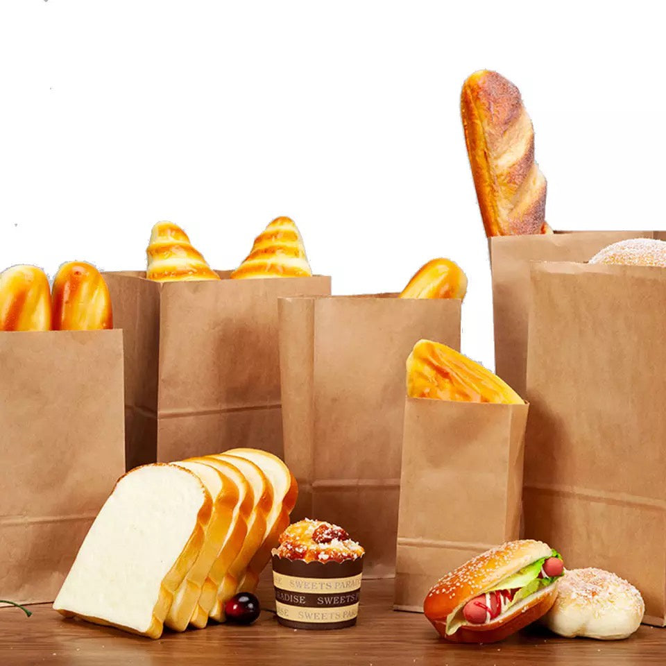 （READY STOCK)Brown Kraft Paper Takeaway Bags Gift Packaging Biscuit Bread Restaurant Cafe 100pcs