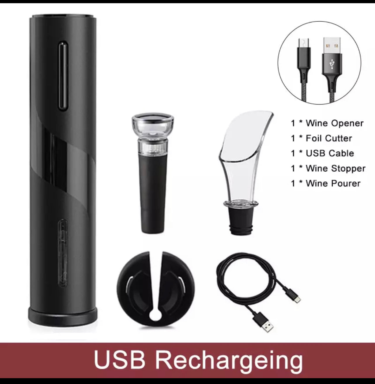 (Ready Stock)Red Wine Opener Corkscrew Electric Illuminated , Foil Cutter , Wine Pourer, Vacuum Stopper Box Gift Set