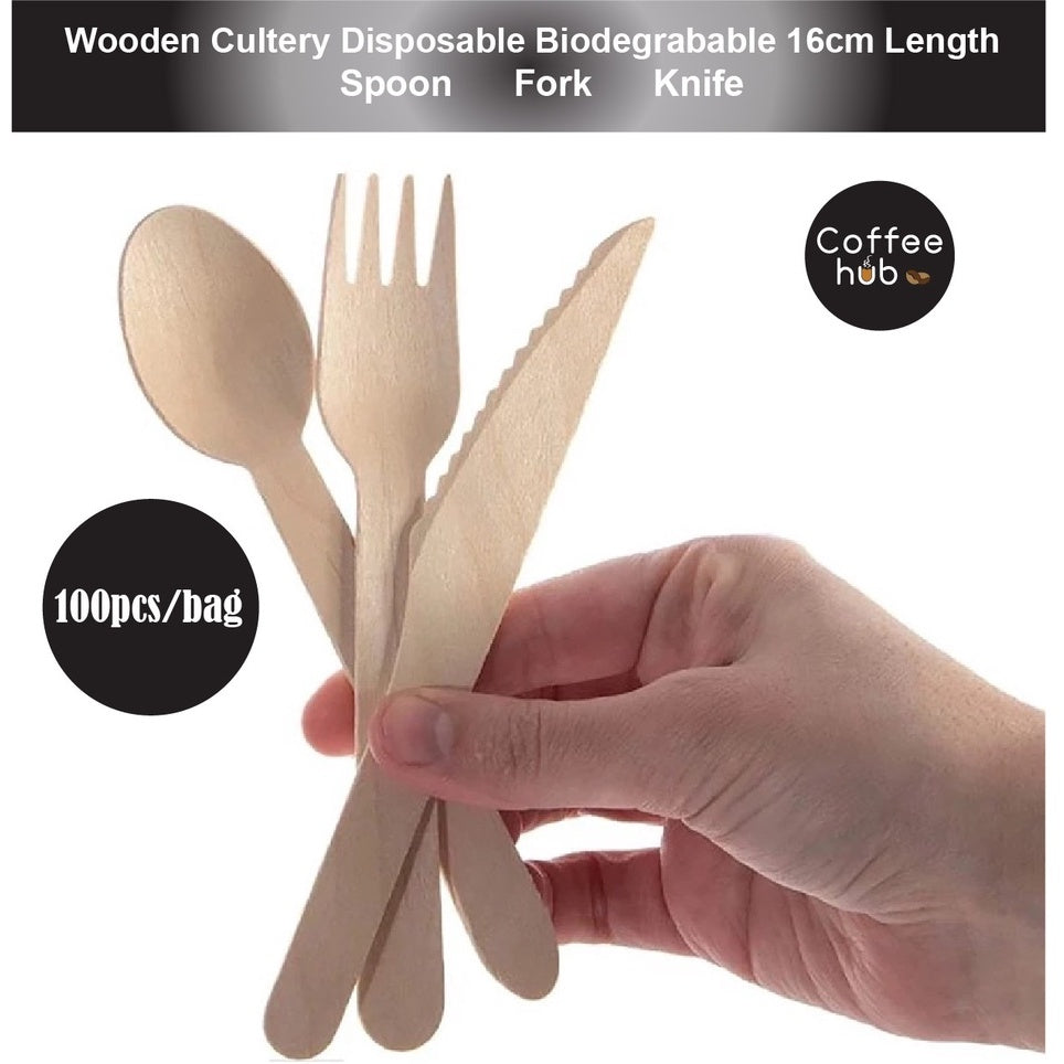 (READY STOCK)Wooden Cultery Party Take Away Spoon Fork Knife Biodegradable Disposable 16cm Length (100pcs)