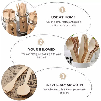 (READY STOCK)Wooden Cultery Party Take Away Spoon Fork Knife Biodegradable Disposable 16cm Length (100pcs)