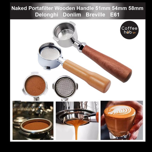 (Ready Stock)Espresso Coffee Machine Naked Portafilter Stainless Steel Wood Handle Bottomless 51mm 54mm 58mm