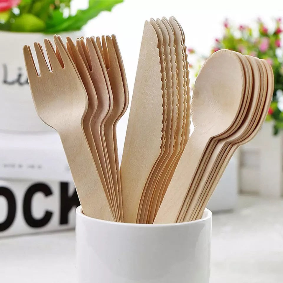 (READY STOCK)Wooden Cultery Party Take Away Spoon Fork Knife Biodegradable Disposable 16cm Length (100pcs)