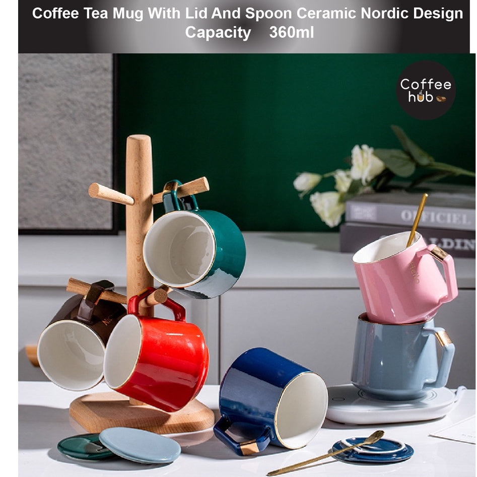 (READY STOCK)Coffee Tea Mug With Lid And Spoon Ceramic Creative Nordic Style 360ml