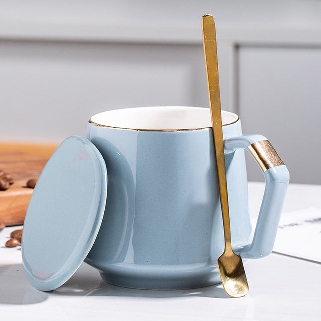 (READY STOCK)Coffee Tea Mug With Lid And Spoon Ceramic Creative Nordic Style 360ml