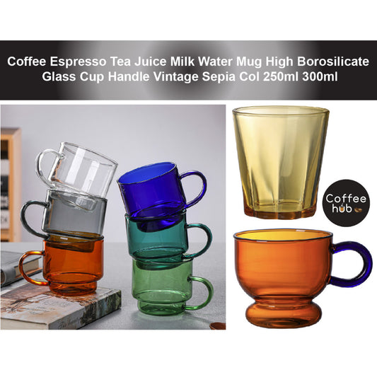 (Ready Stock)Coffee Espresso Tea Juice Milk Water Mug High Borosilicate Glass Cup Handle Vintage Sepia Col 250ml 300ml