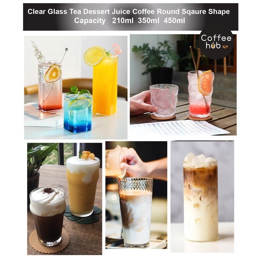 (READY STOCK)Transparent Clear Glass Tea Milk Coffee Dessert Cup Square Round Shape 350ml 450ml