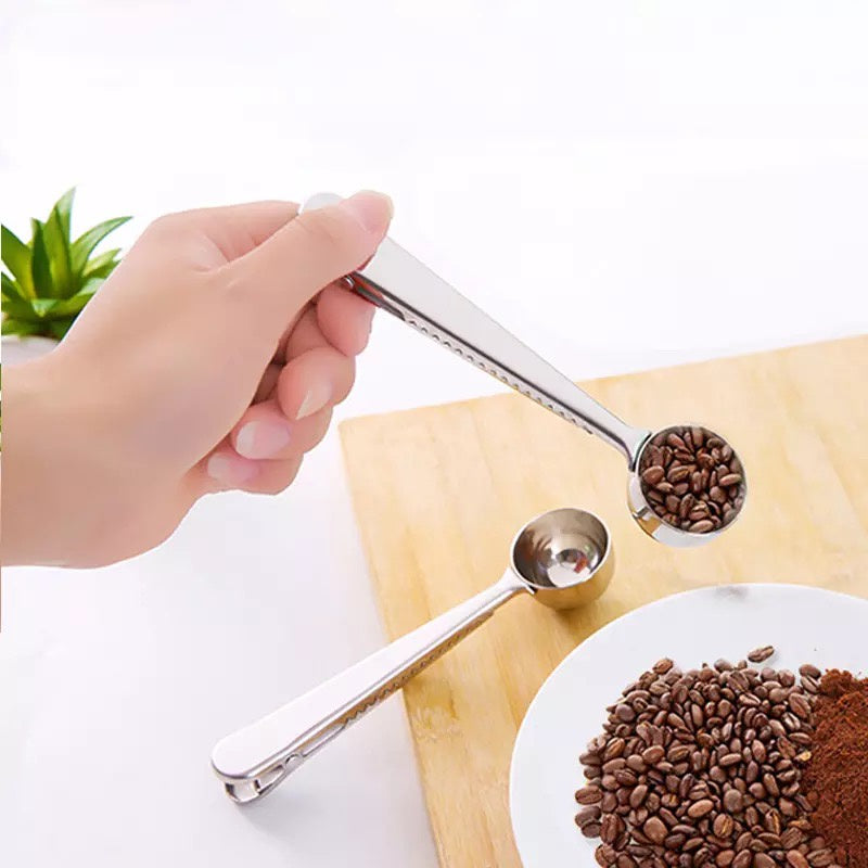 (Ready Stock)Coffee Espresso Tea Stainless Steel Measuring Scoop Spoon cum Fresh Sealing Clip