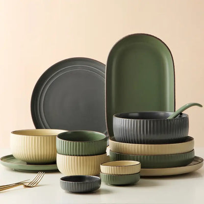 (READY STOCK)Nordic Ceramic Dish Set Household Bowl / Plate / Spoon Vertical Stripe Tableware