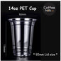 (Ready Stock)Coffee Latte Tea PET Cup Boba Bubble Milk Cup Disposable Take Away With Flat Dome Lid 12oz 16oz 20oz 24oz