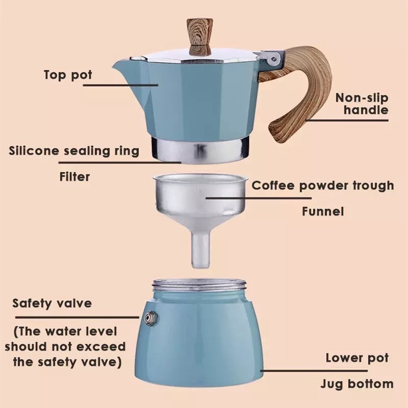 (Ready Stock)Espresso Coffee Maker Italian Style Moka Pot Stove Top 150ml 300ml Various Cols Choice Premium Quality