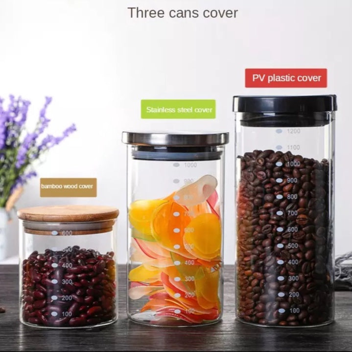 (READY STOCK)Coffee Bean Kitchen Food Seasoning Storage Tank Jar Sealed Tight Glass Canister With Bamboo and Plastic Lid