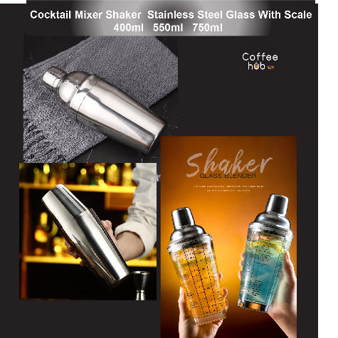 (Ready Stock)Cocktail Shaker Mixer Pourer Bar Tools Stainless Steel Glass With Scale 400ml 550ml 750ml