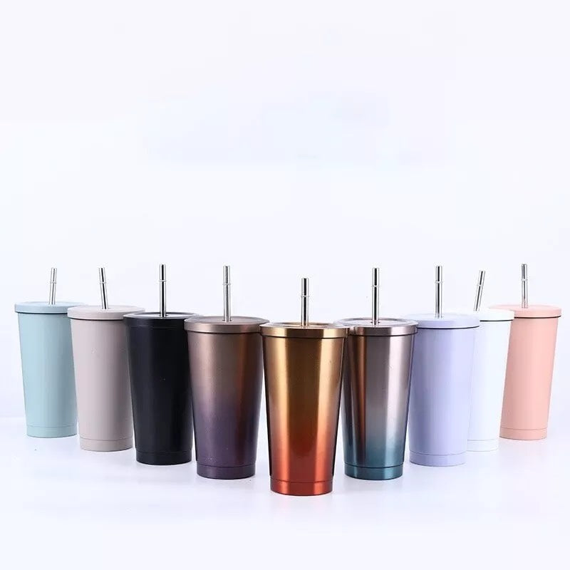 (Ready Stock)Coffee Mug Drink Travel Portable Flask Insulated Stainless Steel 500ml Tumbler With Straw