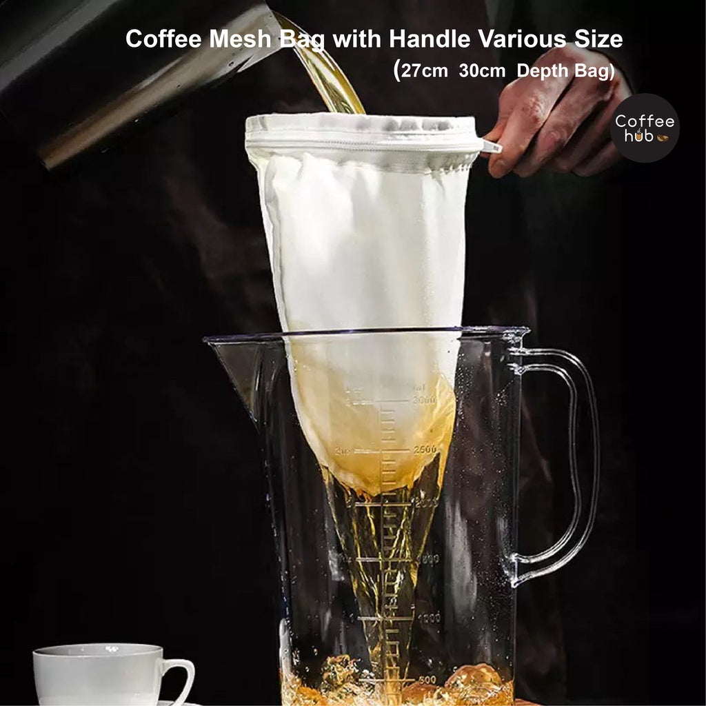 (Ready Stock)Coffee Mesh Filter Bag Reusable Strainer Soybean Coffee Tea With Stainless Steel Handle (27cm 30cm Depth))