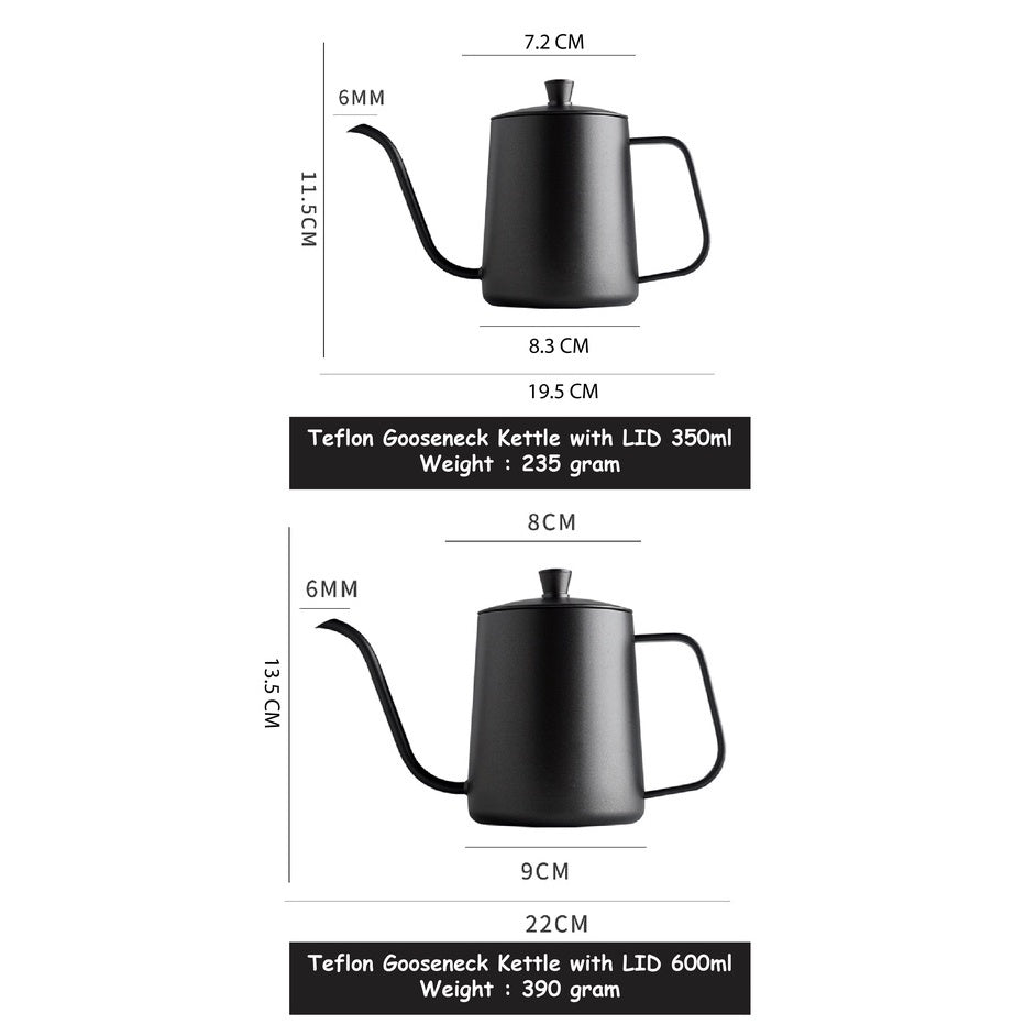 (Ready Stock)Coffee Hand Drip Gooseneck Narrow Spout Kettle Teflon Black Stainless Steel Capacity 350ml 600ml 1000ml