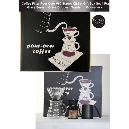 (READY STOCK)Filter Coffee Pour Over Starter Kit Gift Set Box Dripper Server Hand Grinder Gooseneck Set 4pcs