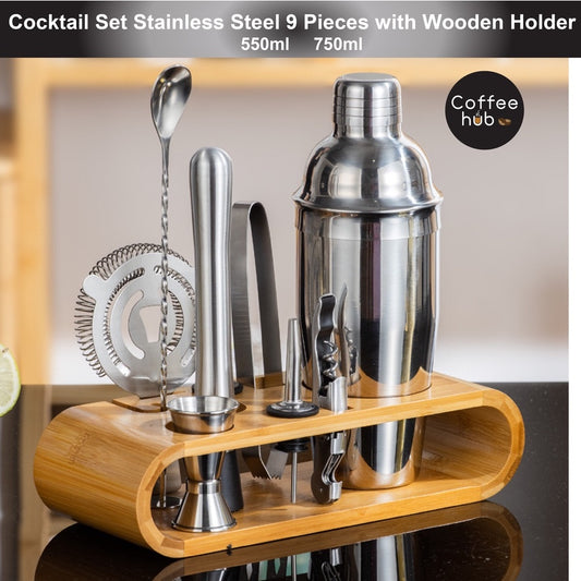 (Ready Stock)Cocktail Set Stainless Steel Shaker Mixer Jigger Ice Tong Pourer Bar Set 550ml/750ml 9 Pieces