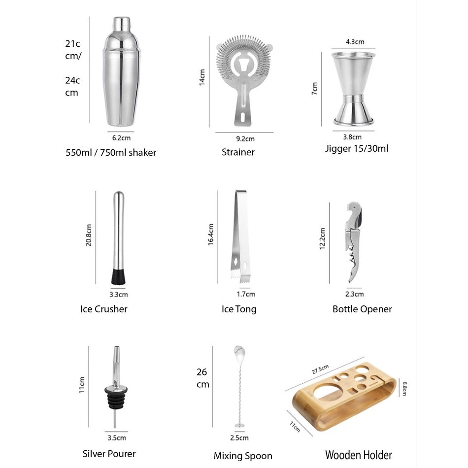 (Ready Stock)Cocktail Set Stainless Steel Shaker Mixer Jigger Ice Tong Pourer Bar Set 550ml/750ml 9 Pieces