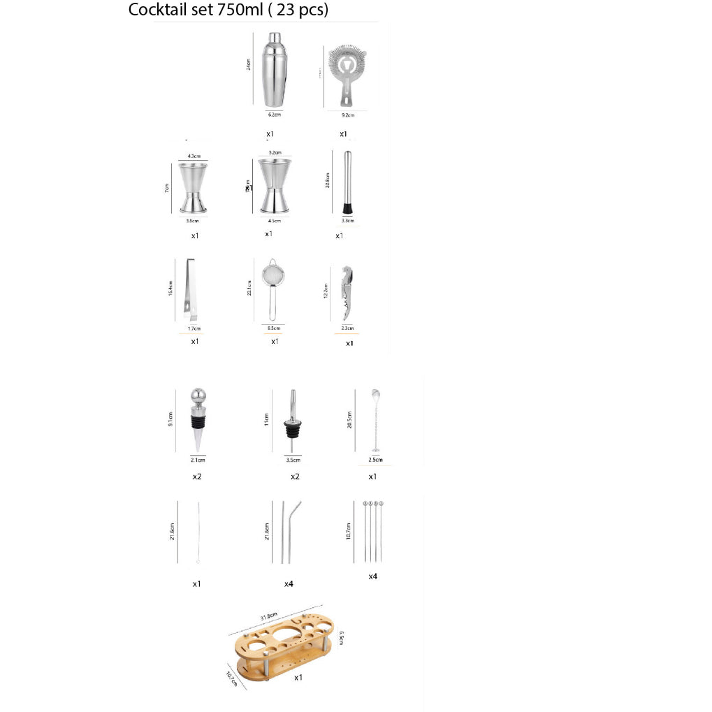 (Ready Stock)Cocktail Set Stainless Steel Shaker Mixer Jigger Ice Tong Pourer Bar Set 550ml/750ml 9 Pieces