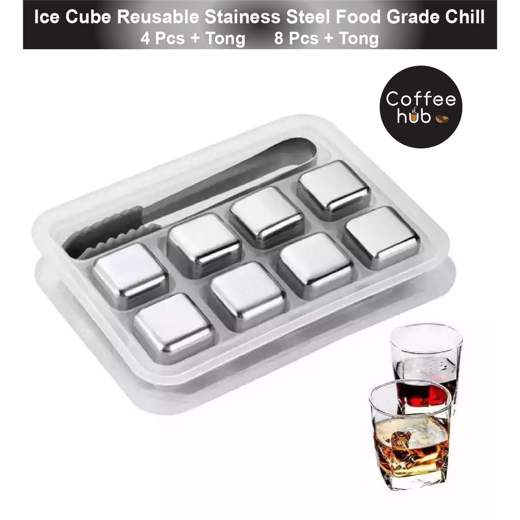 (Ready Stock)Ice Cubes Reusable Metal Chilling Stones Stainless Steel Food Grade Beer Whisky Wine Quick Frozen With Tong