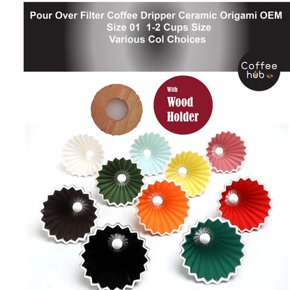 (READY STOCK)Coffee Filter Dripper Origami Japan Inspired Ceramic with Wood Holder Tray 1-2 Cups Pour Over V60