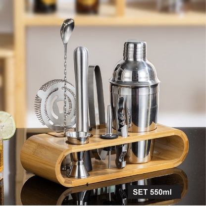 (Ready Stock)Cocktail Set Stainless Steel Shaker Mixer Jigger Ice Tong Pourer Bar Set 550ml/750ml 9 Pieces