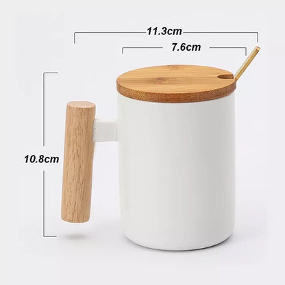 (READY STOCK)Coffee Tea Mug with Wood Handle Nordic Design With Lid and Spoon 350ml 420ml 460ml