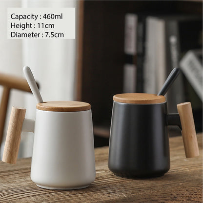 (READY STOCK)Coffee Tea Mug with Wood Handle Nordic Design With Lid and Spoon 350ml 420ml 460ml