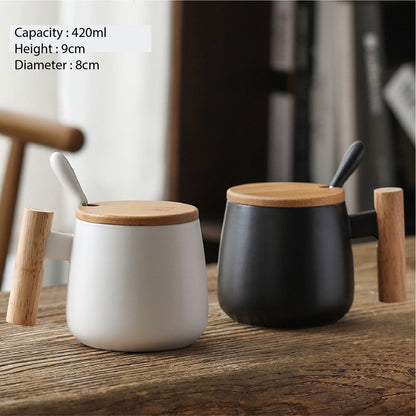 (READY STOCK)Coffee Tea Mug with Wood Handle Nordic Design With Lid and Spoon 350ml 420ml 460ml