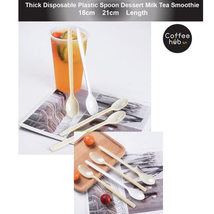 (READY STOCK)Disposable Thick Long Plastic Spoon Dessert Milk Tea Boba Smoothie Spoon Length 18cm 21cm 100pcs