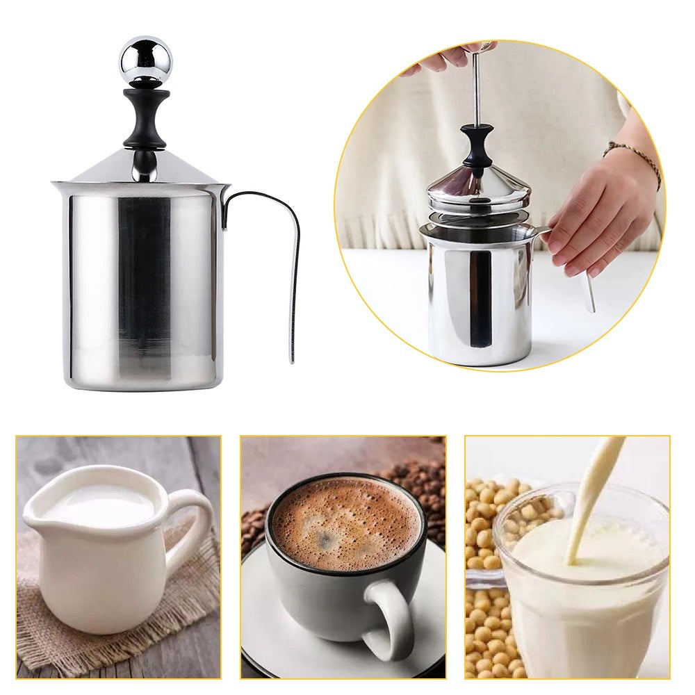 (Ready Stock)Coffee Hand Pump Manual Milk Foam Frother Stainless Steel Double Mesh Jug 400ml