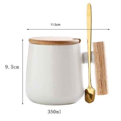 (READY STOCK)Coffee Tea Mug with Wood Handle Nordic Design With Lid and Spoon 350ml 420ml 460ml