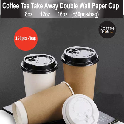 (Ready Stock)Coffee Tea Paper Cup High End Double Wall Heat Insulation Disposable  With Lid 8oz 12oz 16oz(±50pcs/bag))