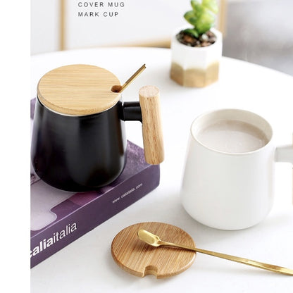 (READY STOCK)Coffee Tea Mug with Wood Handle Nordic Design With Lid and Spoon 350ml 420ml 460ml