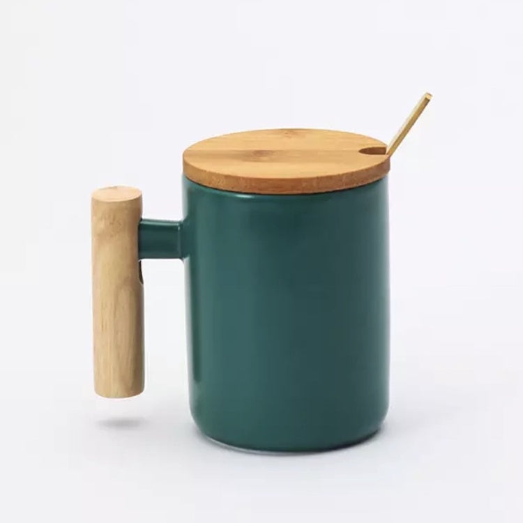 (READY STOCK)Coffee Tea Mug with Wood Handle Nordic Design With Lid and Spoon 350ml 420ml 460ml