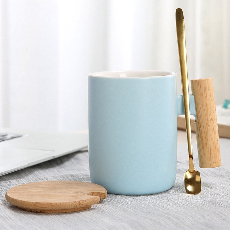 (READY STOCK)Coffee Tea Mug with Wood Handle Nordic Design With Lid and Spoon 350ml 420ml 460ml