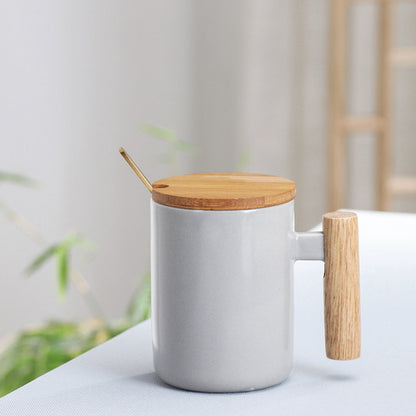 (READY STOCK)Coffee Tea Mug with Wood Handle Nordic Design With Lid and Spoon 350ml 420ml 460ml