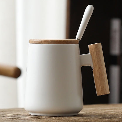 (READY STOCK)Coffee Tea Mug with Wood Handle Nordic Design With Lid and Spoon 350ml 420ml 460ml