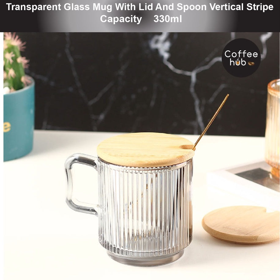 (READY STOCK)Coffee Tea Mug With Lid And Spoon Vertical Stripe Glass Creative Nordic Style 330ml