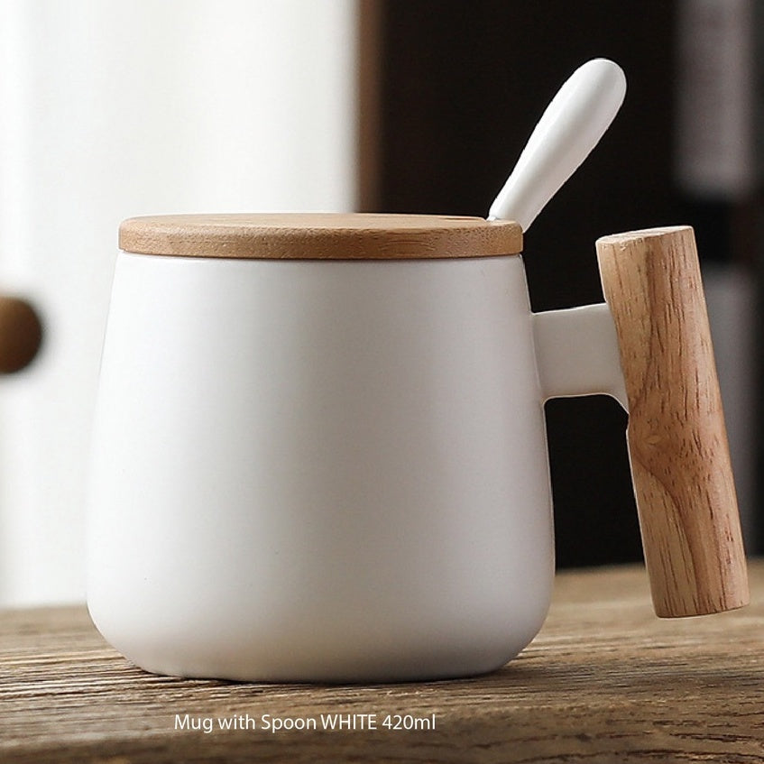 (READY STOCK)Coffee Tea Mug with Wood Handle Nordic Design With Lid and Spoon 350ml 420ml 460ml