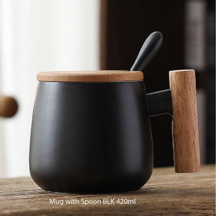 (READY STOCK)Coffee Tea Mug with Wood Handle Nordic Design With Lid and Spoon 350ml 420ml 460ml