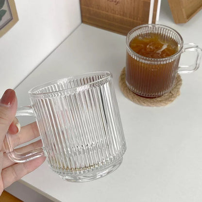 (READY STOCK)Coffee Tea Mug With Lid And Spoon Vertical Stripe Glass Creative Nordic Style 330ml