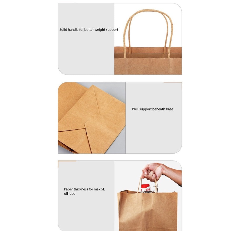 (READY STOCK)Kraft Paper Bag With Handle Solid Color Gift Packaging Take Away Drink Food 100pcs