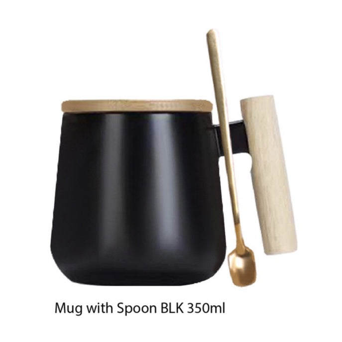 (READY STOCK)Coffee Tea Mug with Wood Handle Nordic Design With Lid and Spoon 350ml 420ml 460ml