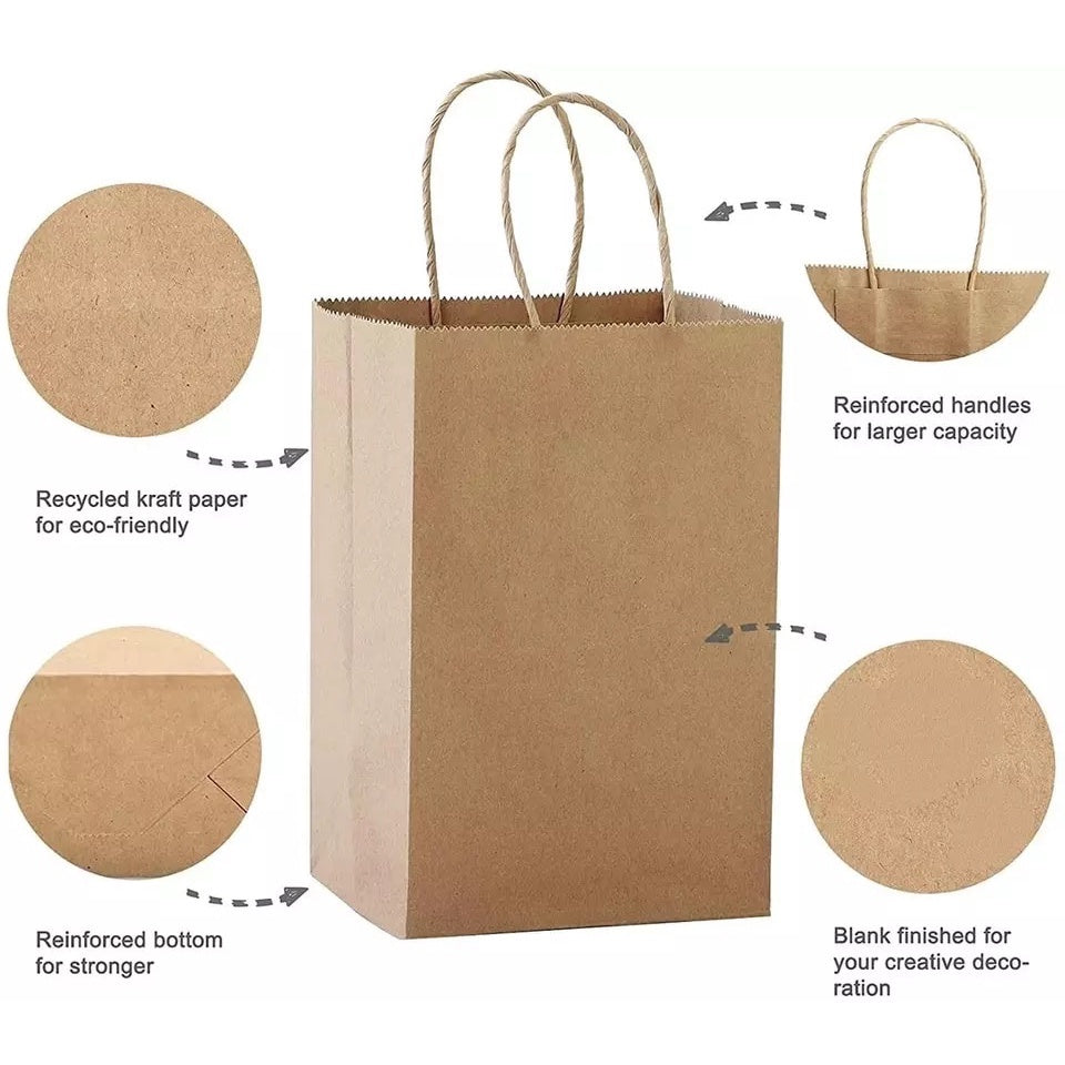 (READY STOCK)Kraft Paper Bag With Handle Solid Color Gift Packaging Take Away Drink Food 100pcs