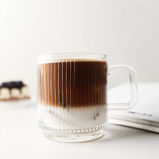 (READY STOCK)Coffee Tea Mug With Lid And Spoon Vertical Stripe Glass Creative Nordic Style 330ml