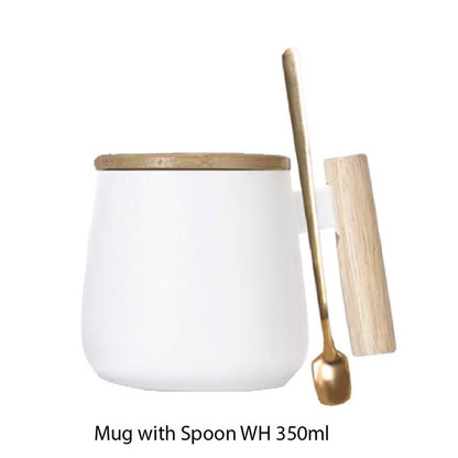 (READY STOCK)Coffee Tea Mug with Wood Handle Nordic Design With Lid and Spoon 350ml 420ml 460ml